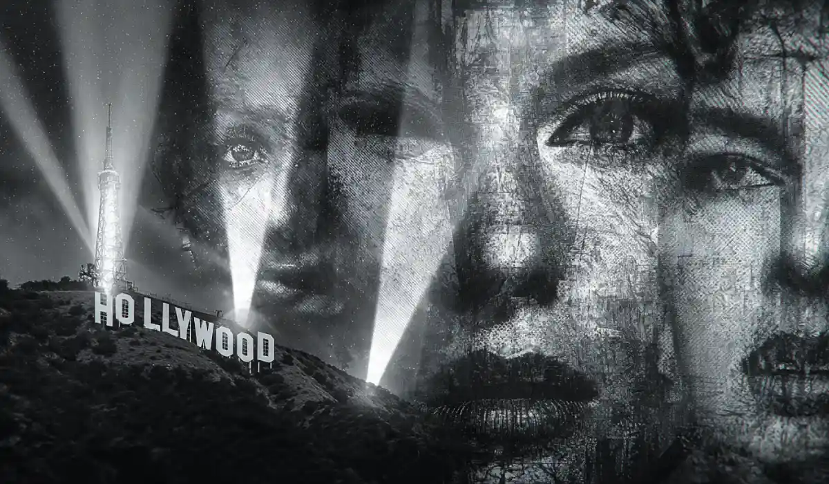 Cracked Hollywood sign with ghostly Epstein and celebrity faces emerging – dark truth unveiled