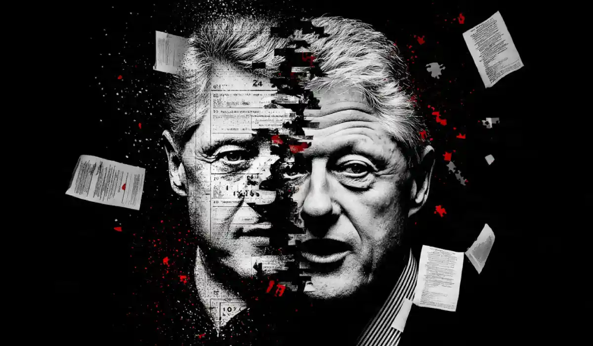 Bill Clinton face morphing into Jeffrey Epstein with scattered classified files – what they hide